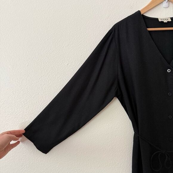 Ozma Mal Pais Duster Dress Size Large Black Raw Silk Cupro Button Front Belted - Picture 11 of 14